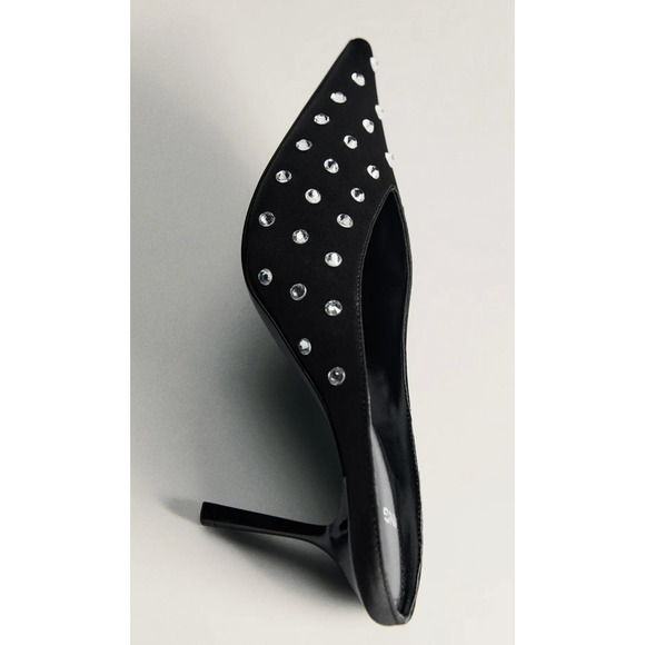 MANGO BLACK CRYSTAL RHINESTONE POINTED TOE MULE PUMPS HIGH HEELS SHOES 37 6.5 - Picture 5 of 7
